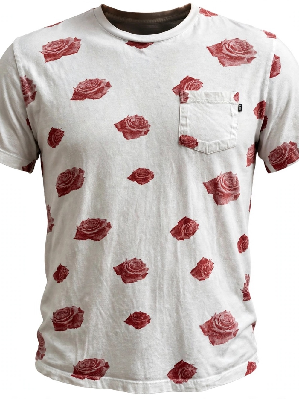 Obey White Short Sleeve Tee with Red Rose All-Over Print and Pocket